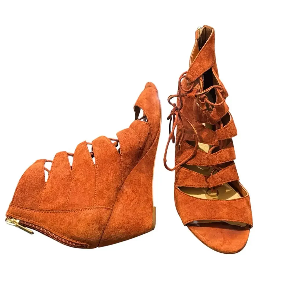 Sam Edelman Cinnamon Rust Santina Wedge Gladiator Lace Up Sandals Size 9.5